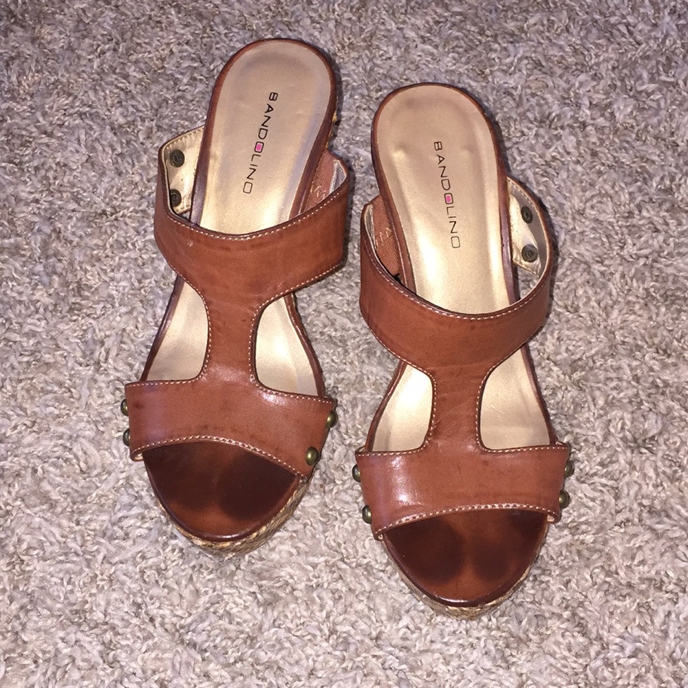 Leather Brown Strap Wedges